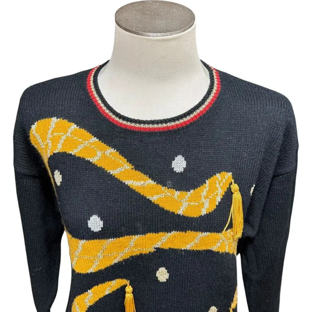 Sue Brett Collection Vintage Tassel Sweater Black Red Gold Silver Medium